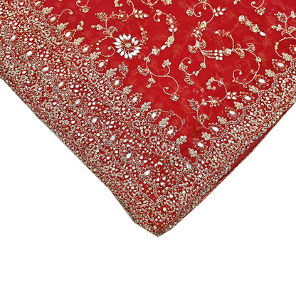 Indian Vintage Heavy Red Bridal Dupatta Pure Georgette Silk Hand Embroidered Zardozi, Dabka, Zari Work Party Wear Long Stole