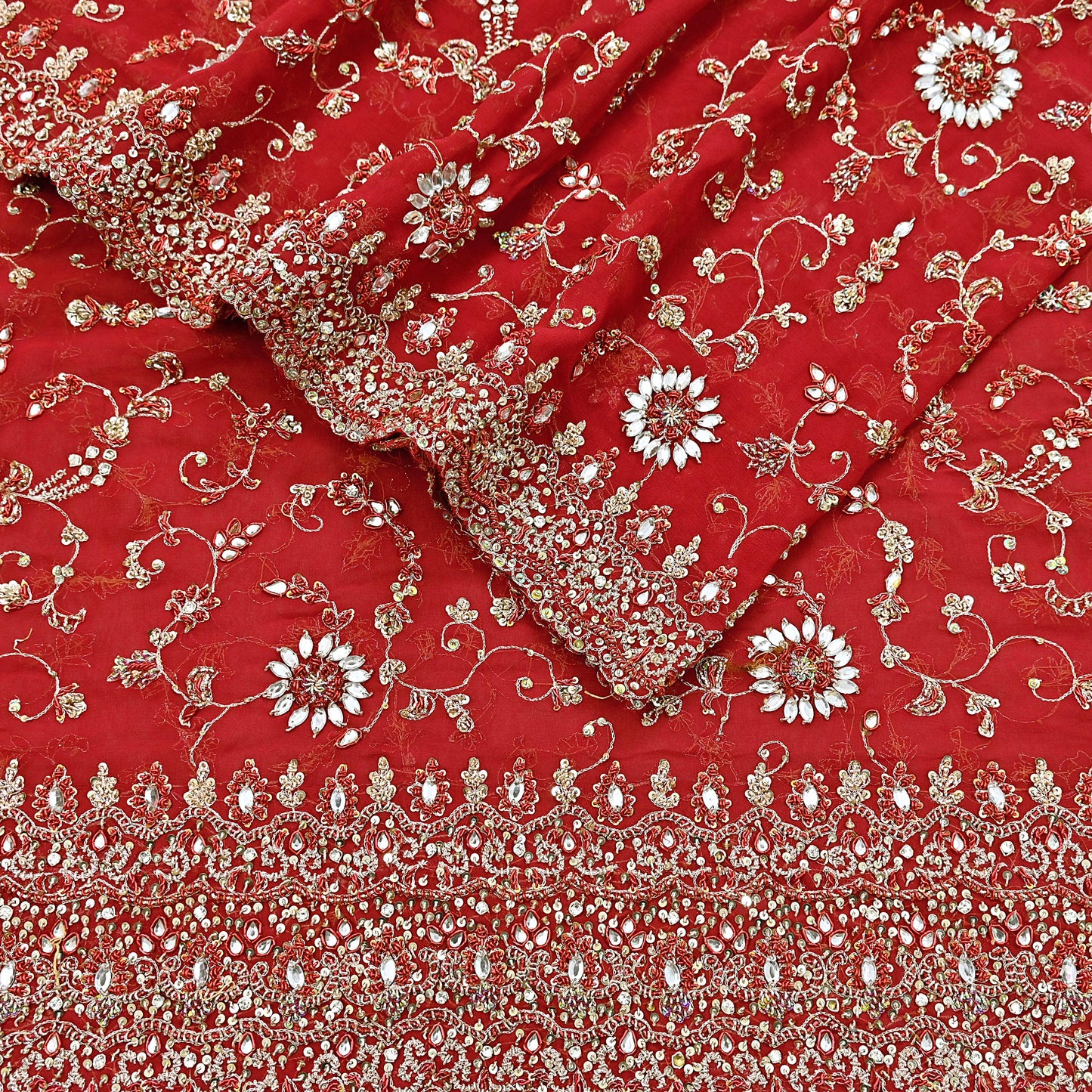 Indian Vintage Heavy Red Bridal Dupatta Pure Georgette Silk Hand Embroidered Zardozi, Dabka, Zari Work Party Wear Long Stole
