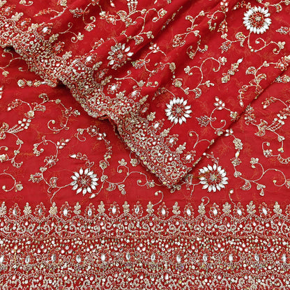Indian Vintage Heavy Red Bridal Dupatta Pure Georgette Silk Hand Embroidered Zardozi, Dabka, Zari Work Party Wear Long Stole