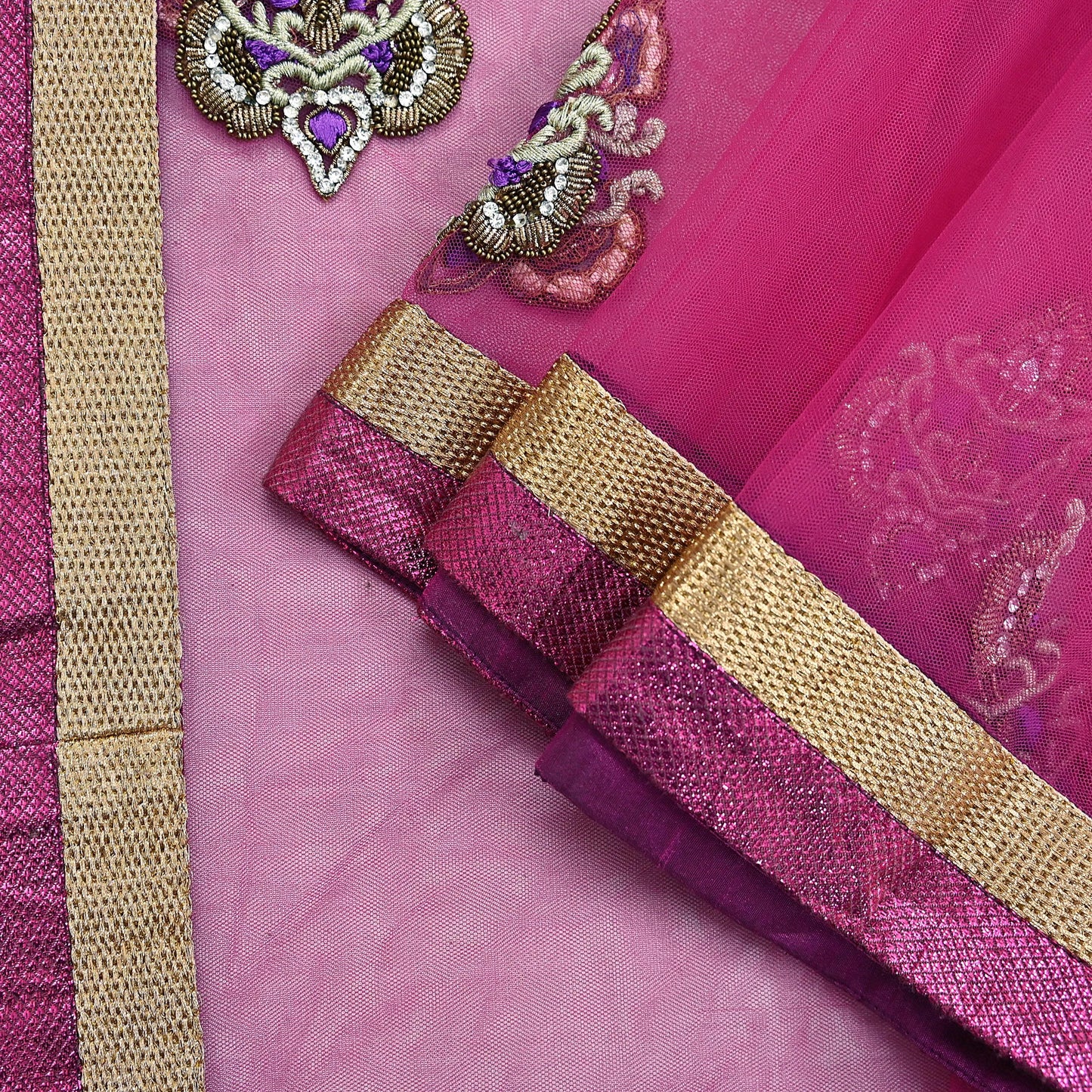 Indian Vintage Heavy Wedding Pink Dupatta Net Mesh Long Stole Hand Embroidered Scarves Golden Zardozi Dabka Zari Stole