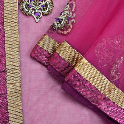 Indian Vintage Heavy Wedding Pink Dupatta Net Mesh Long Stole Hand Embroidered Scarves Golden Zardozi Dabka Zari Stole