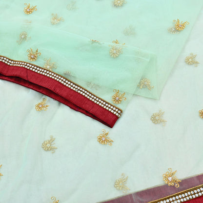 Indian Vintage Heavy Sage Green Dupatta Net Mesh Long Stole Hand Embroidered Scarves Golden Zardozi Zari Sequins Hijab Veil wrap Boho