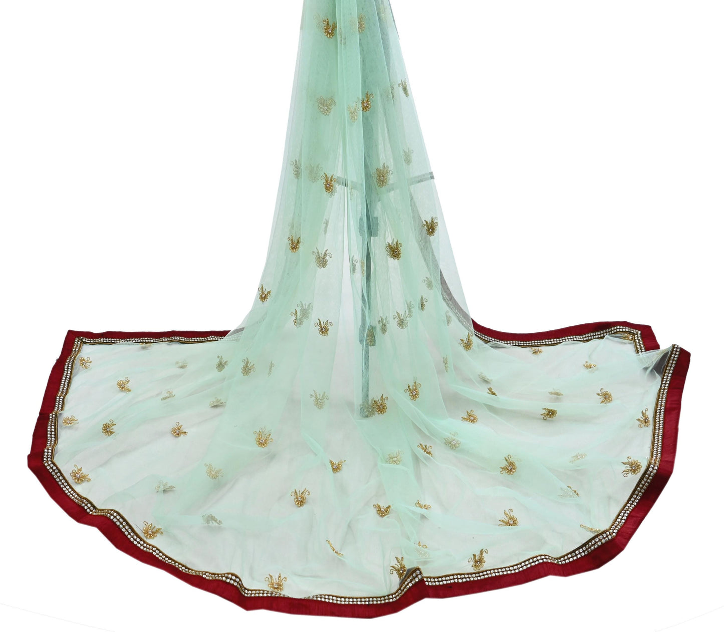 Indian Vintage Heavy Sage Green Dupatta Net Mesh Long Stole Hand Embroidered Scarves Golden Zardozi Zari Sequins Hijab Veil wrap Boho