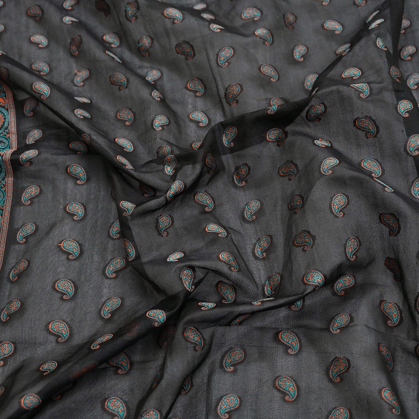 Indian Vintage Black Dupatta Long Stole Artificial Silk Woven Brocade Scarves Veil Scarf Wrap Hippie Boho Soft Floral Fringes