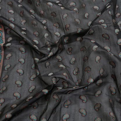 Indian Vintage Black Dupatta Long Stole Artificial Silk Woven Brocade Scarves Veil Scarf Wrap Hippie Boho Soft Floral Fringes