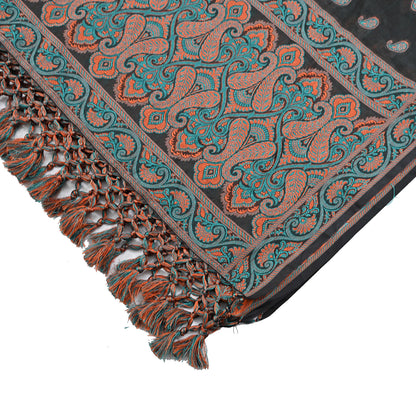 Indian Vintage Black Dupatta Long Stole Artificial Silk Woven Brocade Scarves Veil Scarf Wrap Hippie Boho Soft Floral Fringes