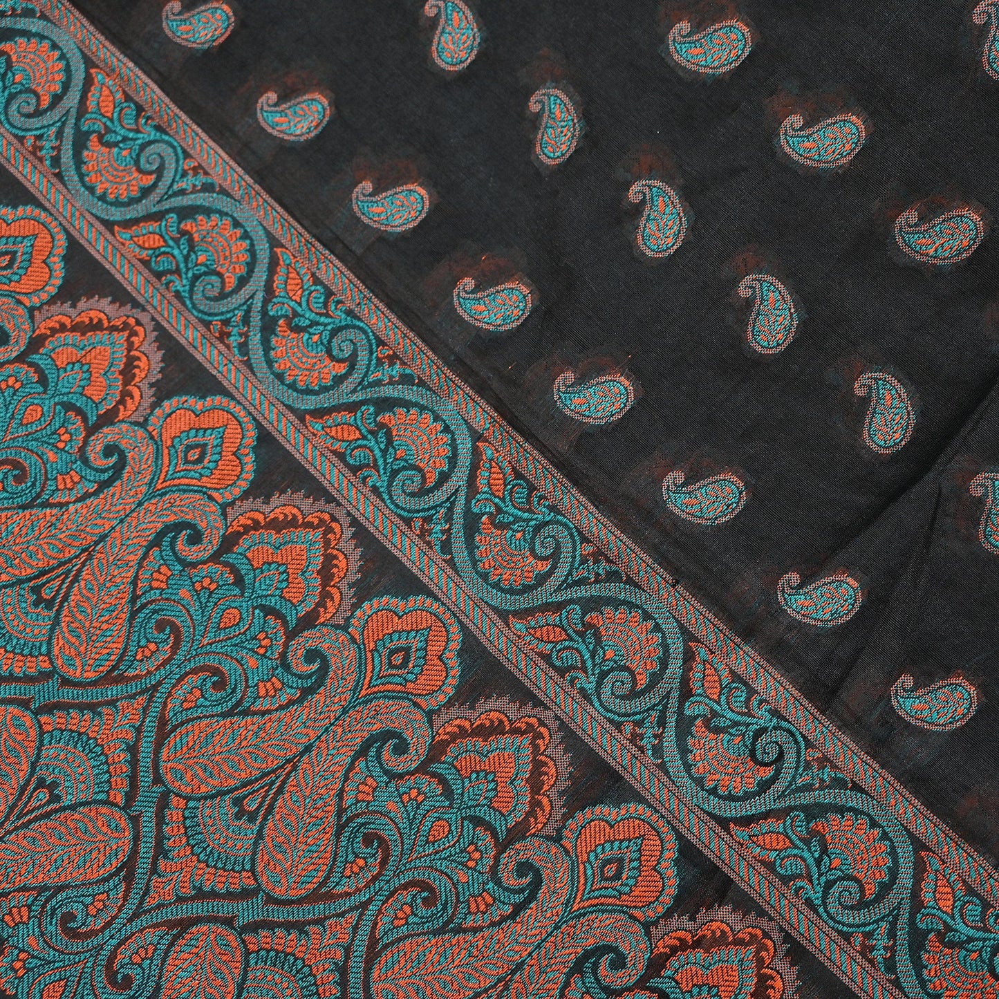 Indian Vintage Black Dupatta Long Stole Artificial Silk Woven Brocade Scarves Veil Scarf Wrap Hippie Boho Soft Floral Fringes
