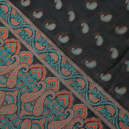 Indian Vintage Black Dupatta Long Stole Artificial Silk Woven Brocade Scarves Veil Scarf Wrap Hippie Boho Soft Floral Fringes