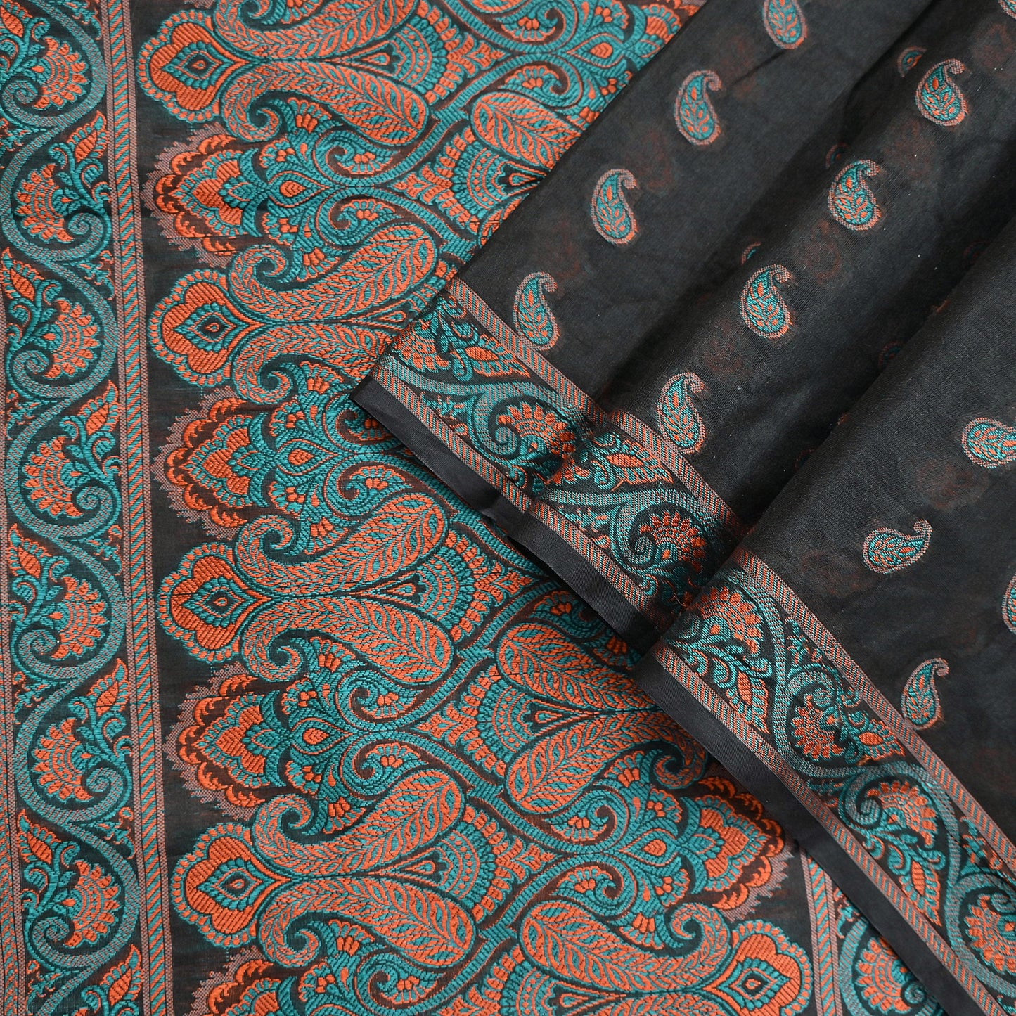Indian Vintage Black Dupatta Long Stole Artificial Silk Woven Brocade Scarves Veil Scarf Wrap Hippie Boho Soft Floral Fringes