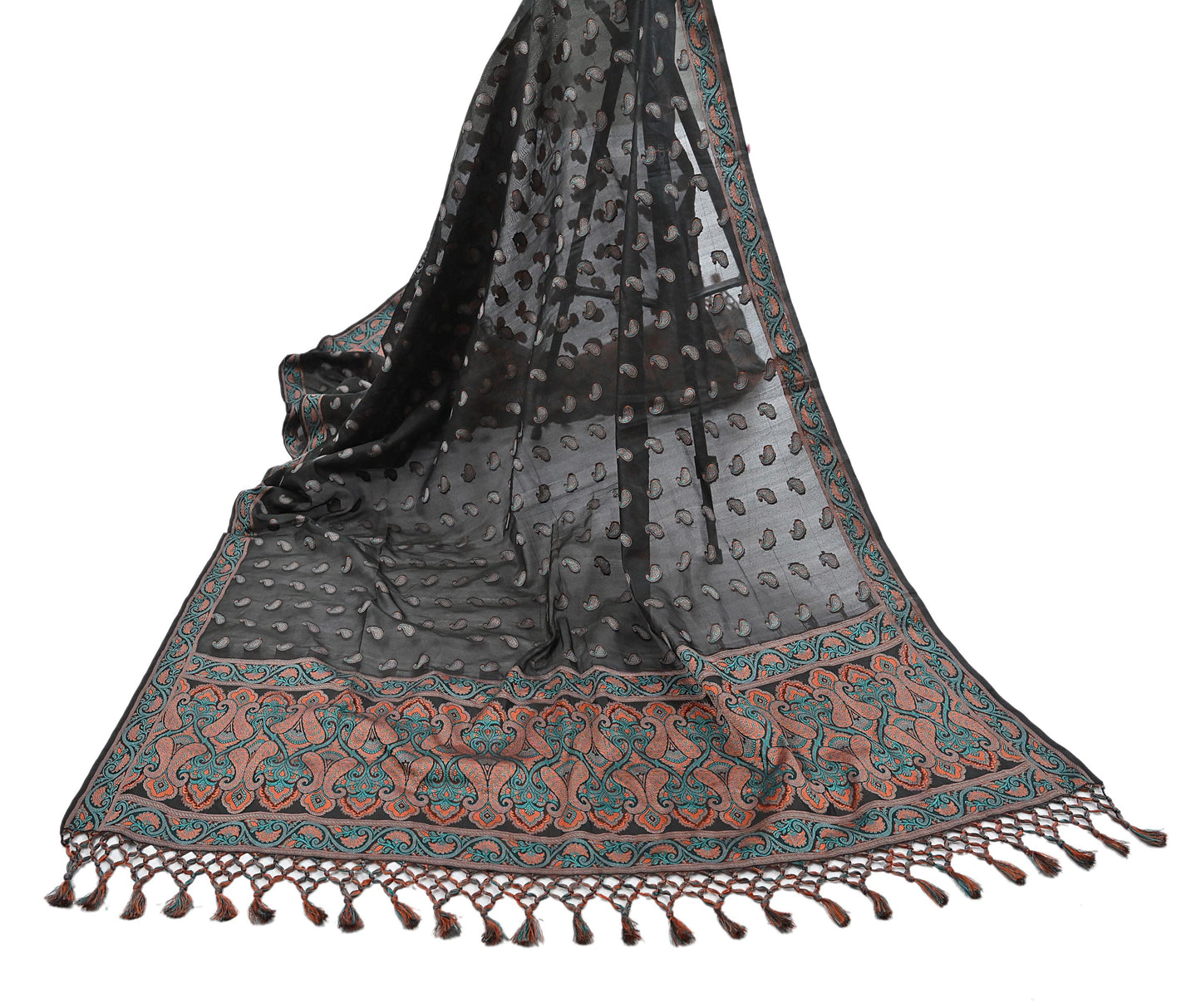 Indian Vintage Black Dupatta Long Stole Artificial Silk Woven Brocade Scarves Veil Scarf Wrap Hippie Boho Soft Floral Fringes