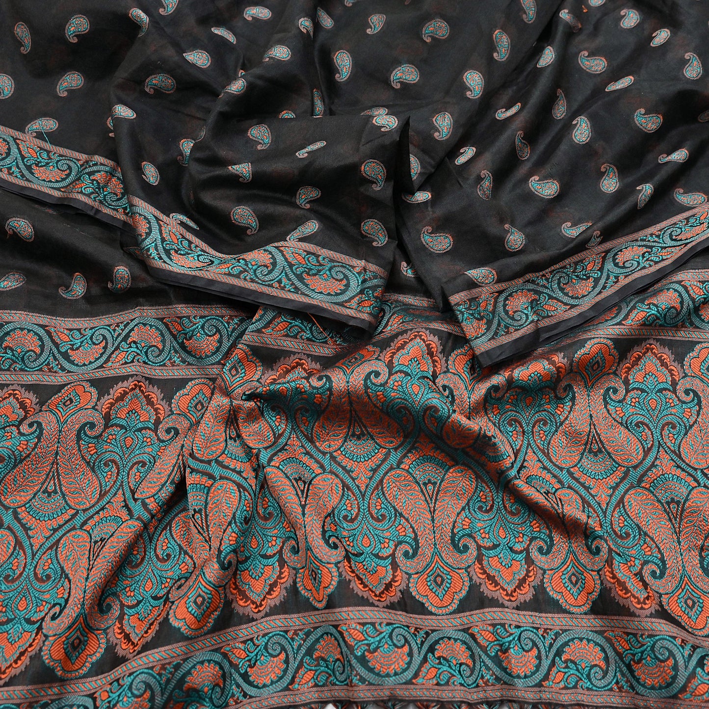 Indian Vintage Black Dupatta Long Stole Artificial Silk Woven Brocade Scarves Veil Scarf Wrap Hippie Boho Soft Floral Fringes