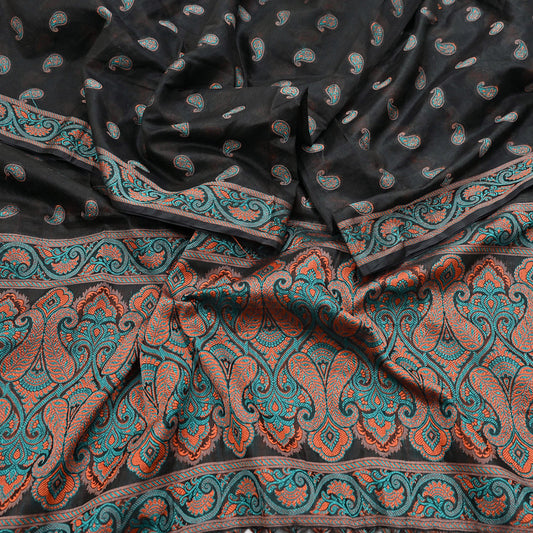 Indian Vintage Black Dupatta Long Stole Artificial Silk Woven Brocade Scarves Veil Scarf Wrap Hippie Boho Soft Floral Fringes