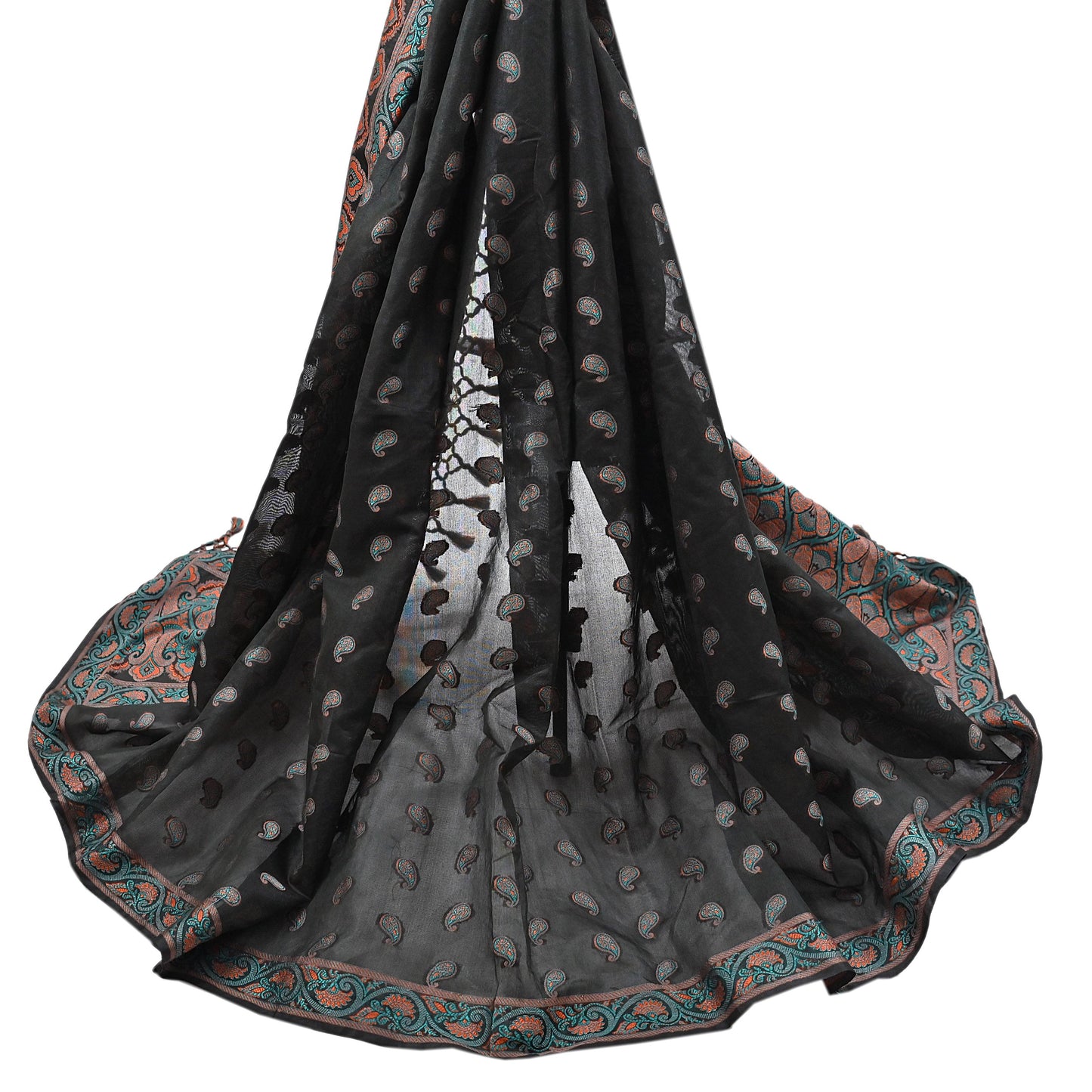Indian Vintage Black Dupatta Long Stole Artificial Silk Woven Brocade Scarves Veil Scarf Wrap Hippie Boho Soft Floral Fringes