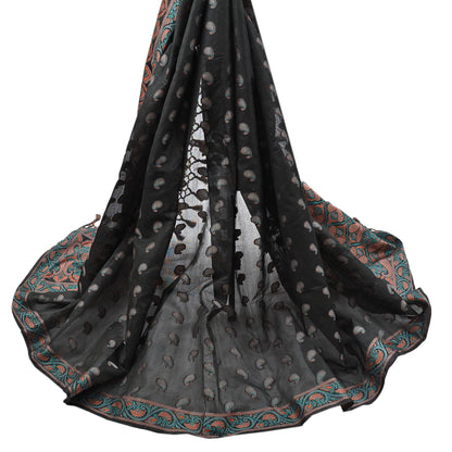 Indian Vintage Black Dupatta Long Stole Artificial Silk Woven Brocade Scarves Veil Scarf Wrap Hippie Boho Soft Floral Fringes