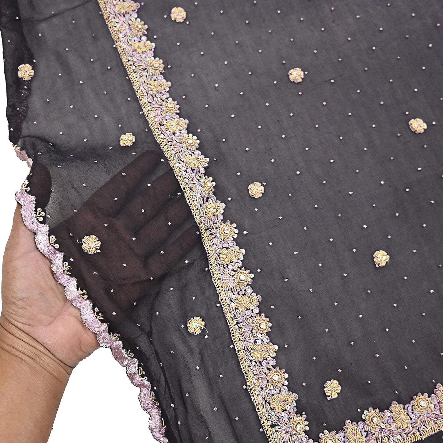 Indian Vintage Black Dupatta Pure Georgette silk Long Stole Hand Embroidered Scarves Stole Veil Wrap Sequins