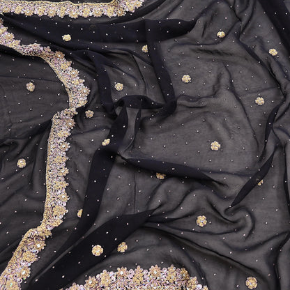 Indian Vintage Black Dupatta Pure Georgette silk Long Stole Hand Embroidered Scarves Stole Veil Wrap Sequins