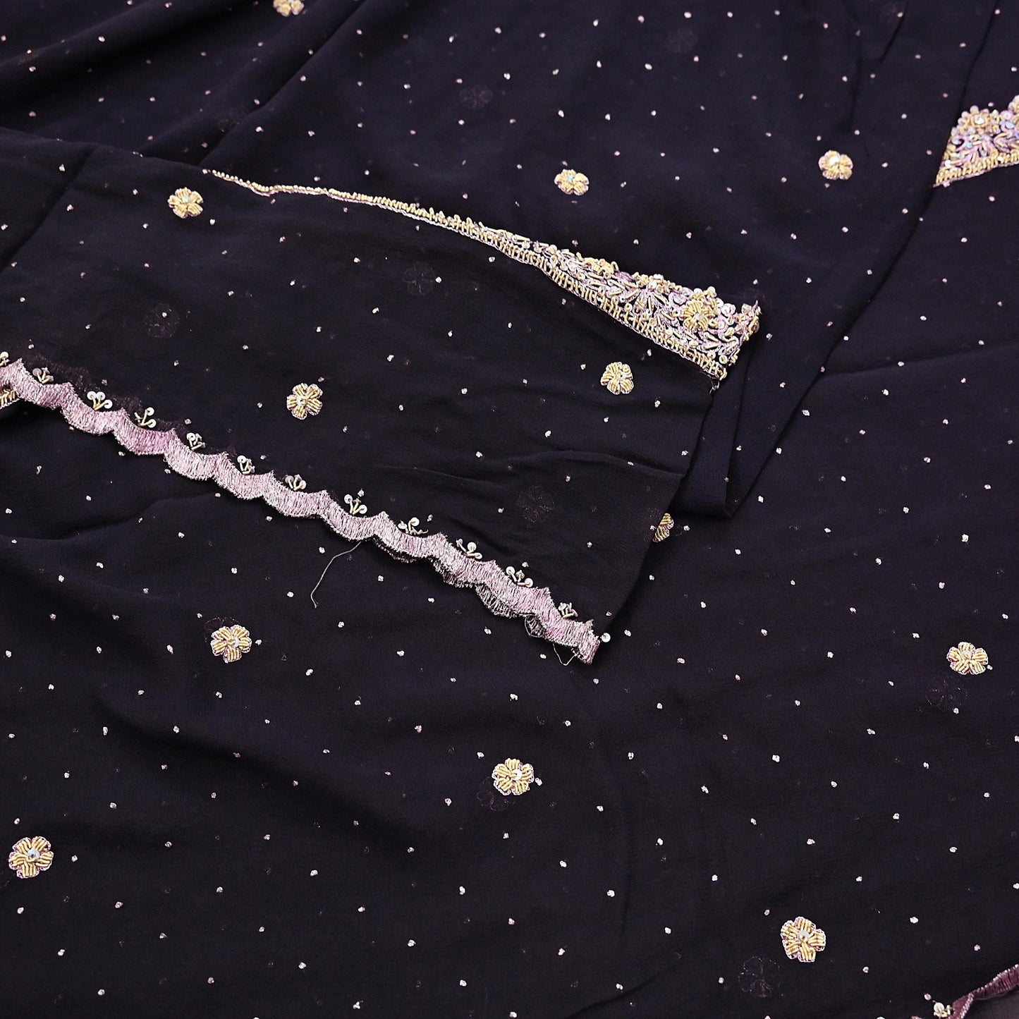 Indian Vintage Black Dupatta Pure Georgette silk Long Stole Hand Embroidered Scarves Stole Veil Wrap Sequins