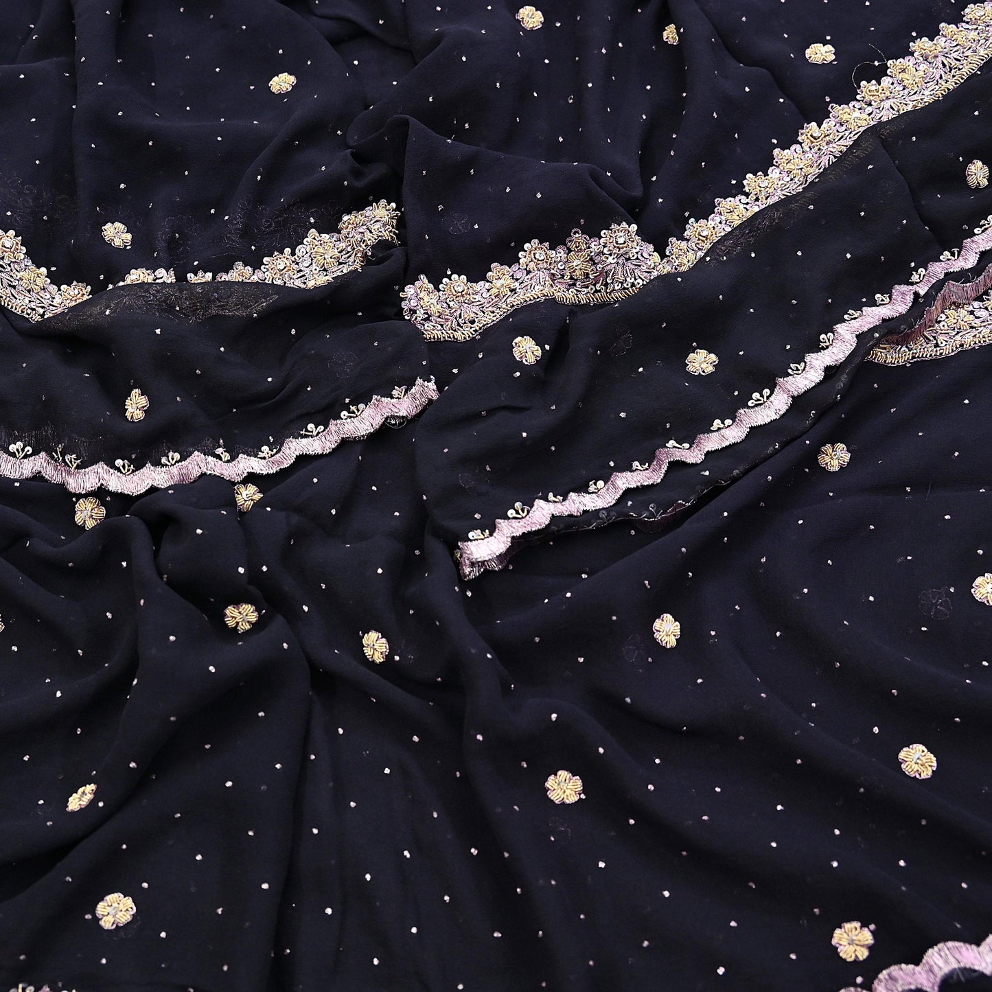 Indian Vintage Black Dupatta Pure Georgette silk Long Stole Hand Embroidered Scarves Stole Veil Wrap Sequins