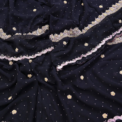 Indian Vintage Black Dupatta Pure Georgette silk Long Stole Hand Embroidered Scarves Stole Veil Wrap Sequins