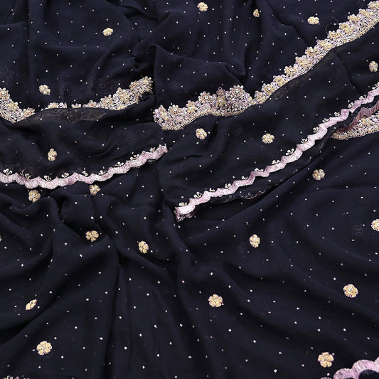 Indian Vintage Black Dupatta Pure Georgette silk Long Stole Hand Embroidered Scarves Stole Veil Wrap Sequins