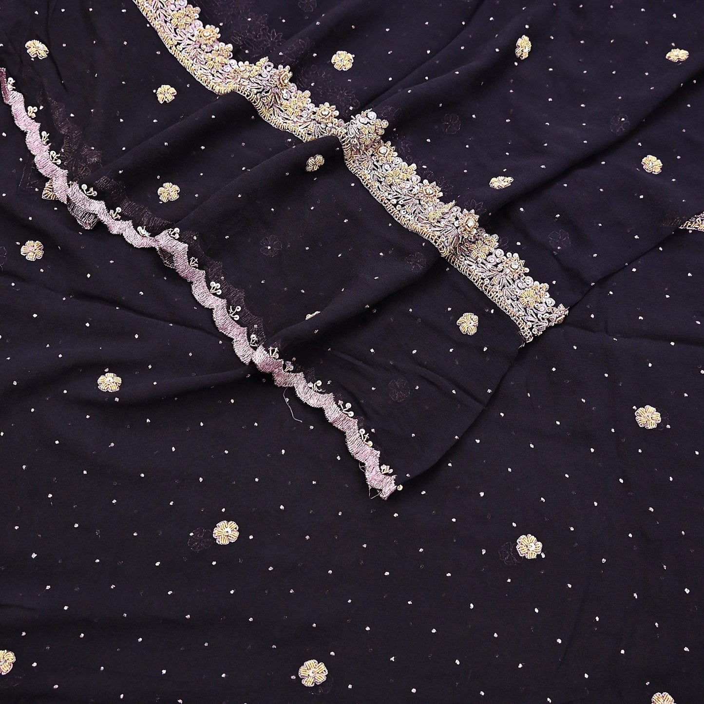 Indian Vintage Black Dupatta Pure Georgette silk Long Stole Hand Embroidered Scarves Stole Veil Wrap Sequins