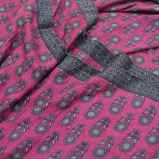 Indian Vintage Pink Sarees Pure Woolen Woven Printed  Sari Soft Warm Craft Fabric 5Yd Floral Woven Border Dress making Crafting Quilting