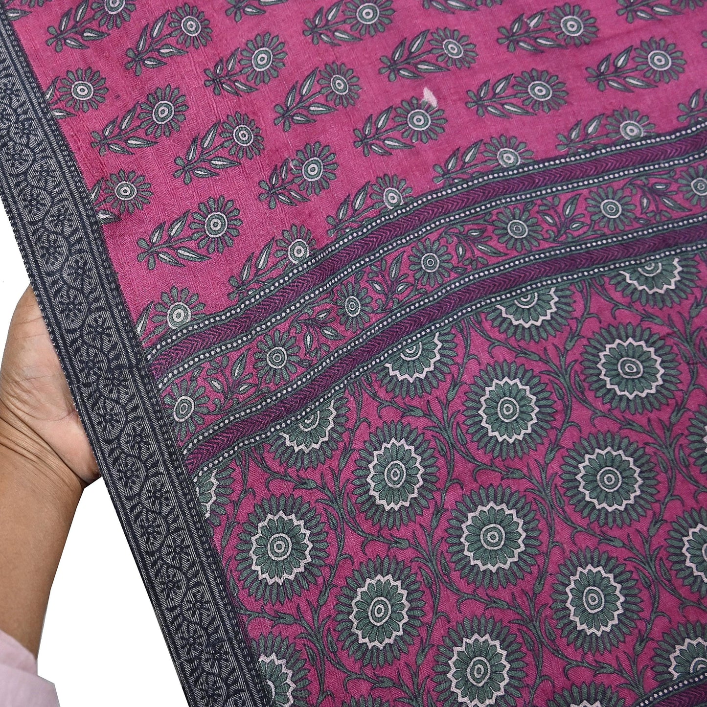 Indian Vintage Pink Sarees Pure Woolen Woven Printed  Sari Soft Warm Craft Fabric 5Yd Floral Woven Border Dress making Crafting Quilting