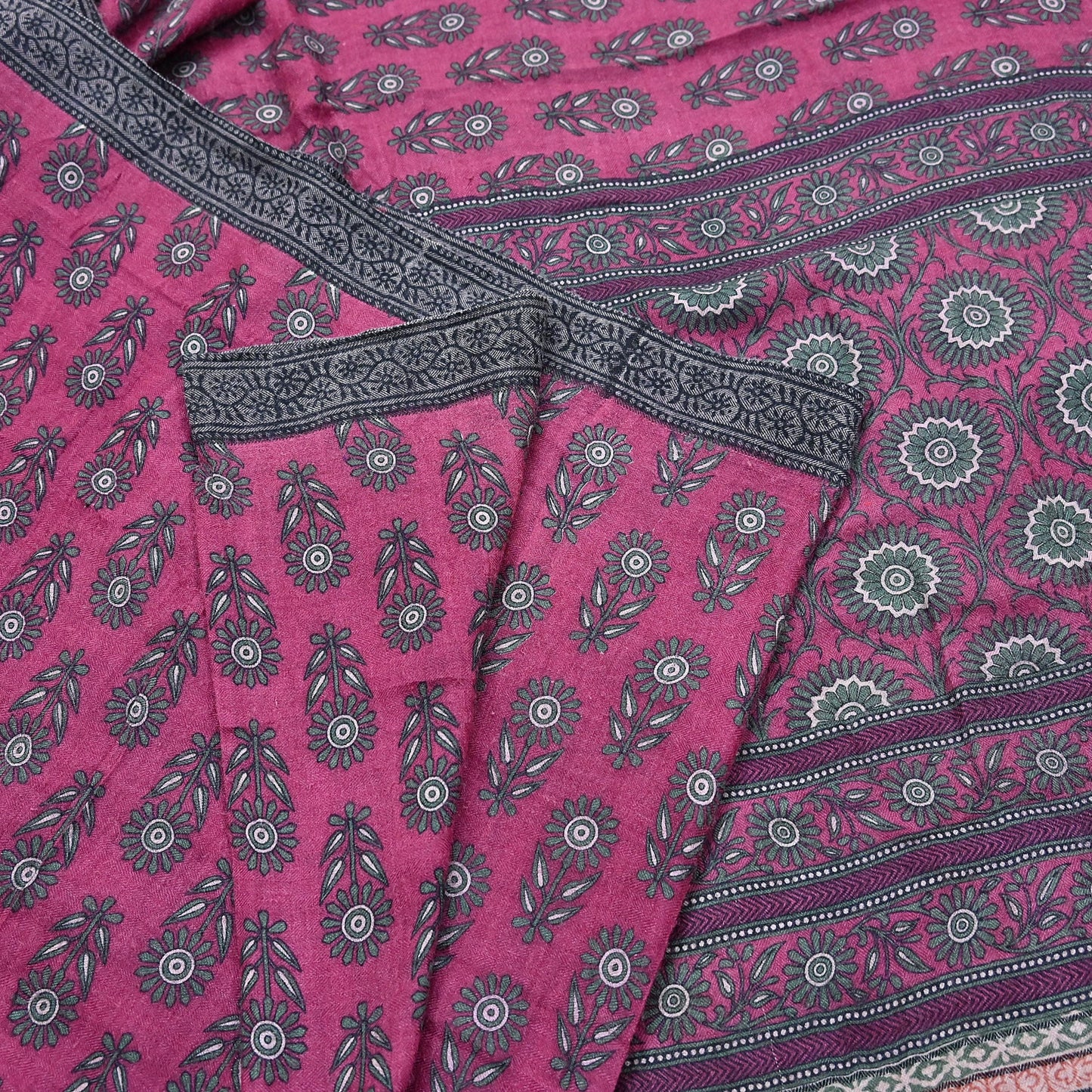 Indian Vintage Pink Sarees Pure Woolen Woven Printed  Sari Soft Warm Craft Fabric 5Yd Floral Woven Border Dress making Crafting Quilting
