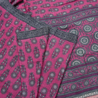 Indian Vintage Pink Sarees Pure Woolen Woven Printed  Sari Soft Warm Craft Fabric 5Yd Floral Woven Border Dress making Crafting Quilting