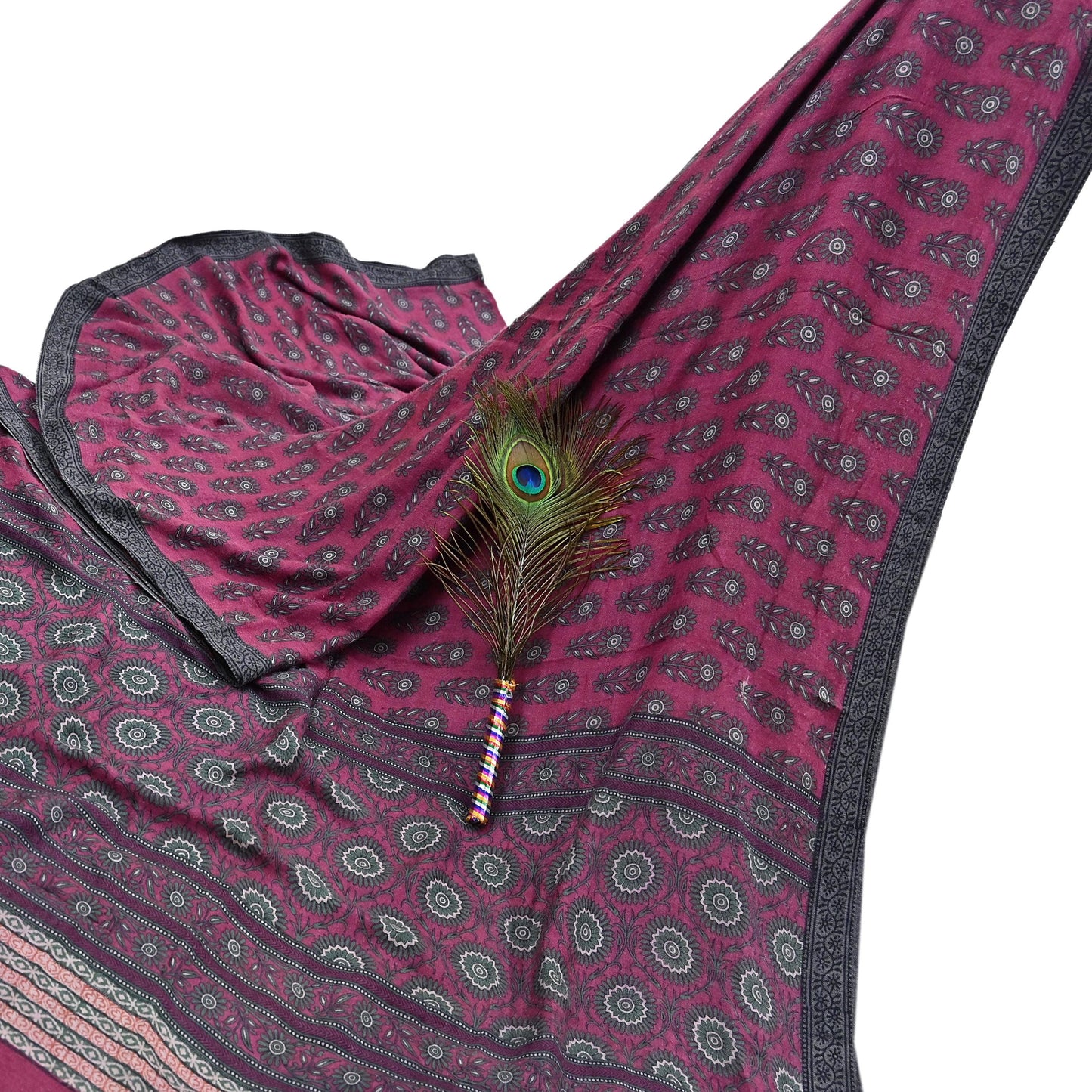 Indian Vintage Pink Sarees Pure Woolen Woven Printed  Sari Soft Warm Craft Fabric 5Yd Floral Woven Border Dress making Crafting Quilting