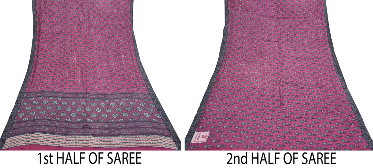Indian Vintage Pink Sarees Pure Woolen Woven Printed  Sari Soft Warm Craft Fabric 5Yd Floral Woven Border Dress making Crafting Quilting