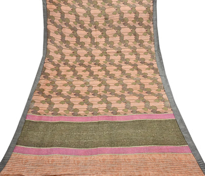 Indian Vintage Sari Peach & Green Pure Woolen Woven Printed Sarees Soft Warm Craft Fabric 5Yd Floral Dress making Crafting Quilting