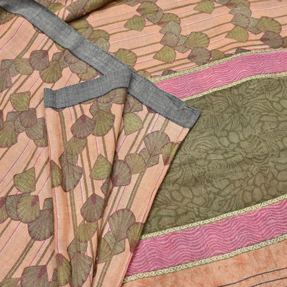 Indian Vintage Sari Peach & Green Pure Woolen Woven Printed Sarees Soft Warm Craft Fabric 5Yd Floral Dress making Crafting Quilting