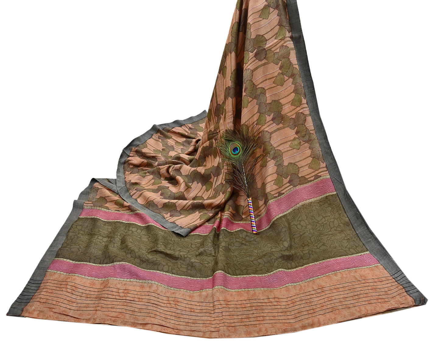 Indian Vintage Sari Peach & Green Pure Woolen Woven Printed Sarees Soft Warm Craft Fabric 5Yd Floral Dress making Crafting Quilting