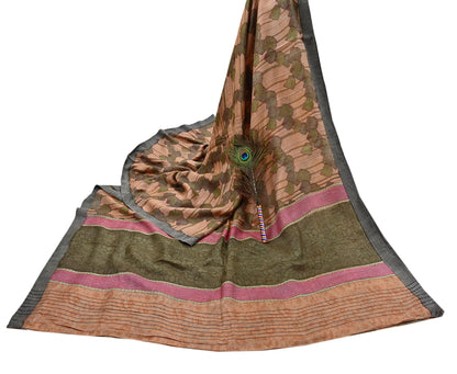 Indian Vintage Sari Peach & Green Pure Woolen Woven Printed Sarees Soft Warm Craft Fabric 5Yd Floral Dress making Crafting Quilting