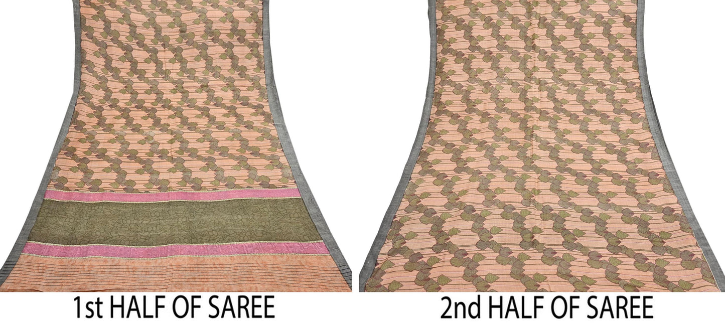 Indian Vintage Sari Peach & Green Pure Woolen Woven Printed Sarees Soft Warm Craft Fabric 5Yd Floral Dress making Crafting Quilting