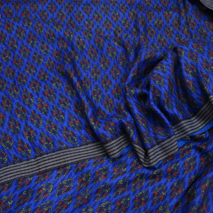 Indian Vintage Blue Sarees Pure Woolen Woven Printed  Sari Soft Warm Craft Fabric 5Yd Floral Woven Border Dress making Crafting Quilting