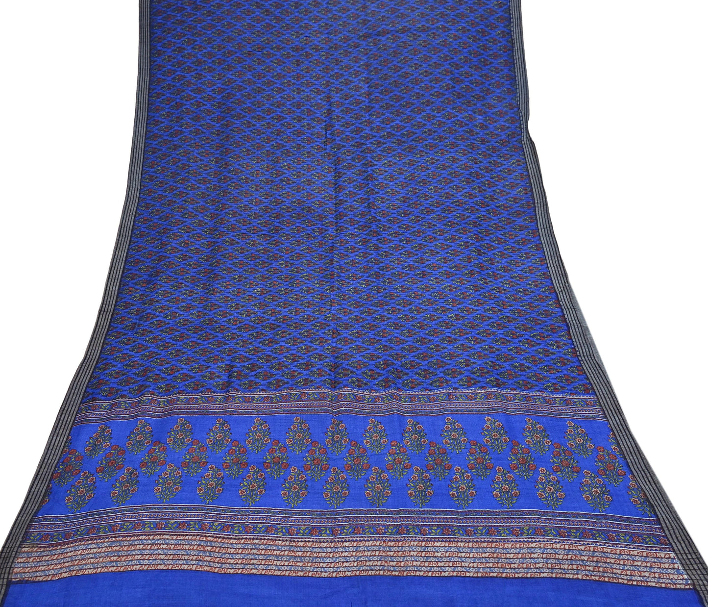 Indian Vintage Blue Sarees Pure Woolen Woven Printed  Sari Soft Warm Craft Fabric 5Yd Floral Woven Border Dress making Crafting Quilting