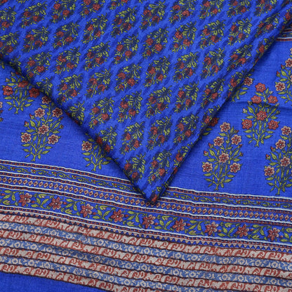 Indian Vintage Blue Sarees Pure Woolen Woven Printed  Sari Soft Warm Craft Fabric 5Yd Floral Woven Border Dress making Crafting Quilting