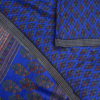 Indian Vintage Blue Sarees Pure Woolen Woven Printed  Sari Soft Warm Craft Fabric 5Yd Floral Woven Border Dress making Crafting Quilting