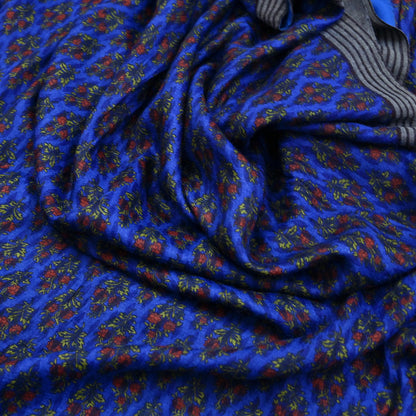 Indian Vintage Blue Sarees Pure Woolen Woven Printed  Sari Soft Warm Craft Fabric 5Yd Floral Woven Border Dress making Crafting Quilting