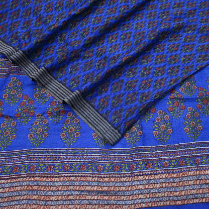 Indian Vintage Blue Sarees Pure Woolen Woven Printed  Sari Soft Warm Craft Fabric 5Yd Floral Woven Border Dress making Crafting Quilting