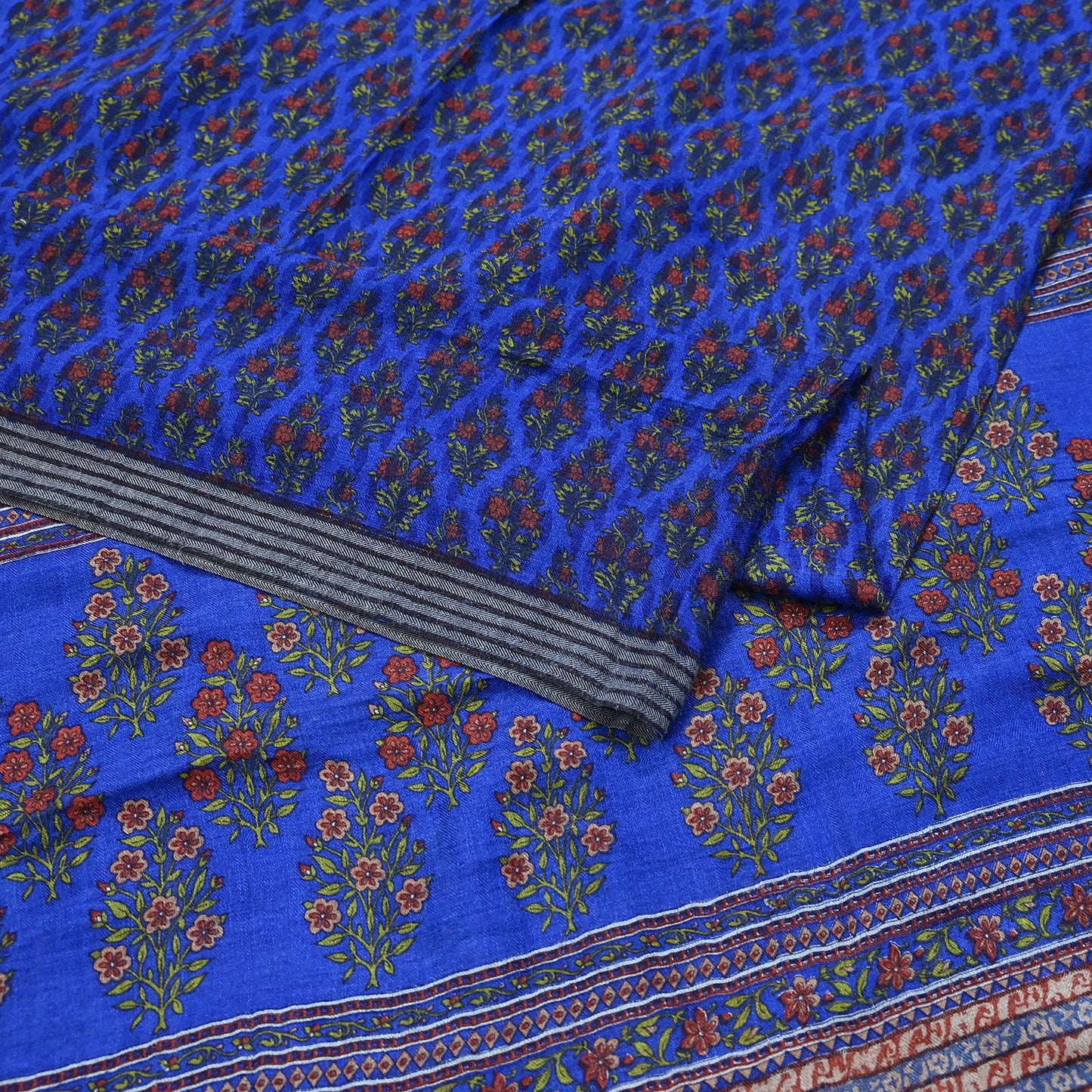 Indian Vintage Blue Sarees Pure Woolen Woven Printed  Sari Soft Warm Craft Fabric 5Yd Floral Woven Border Dress making Crafting Quilting