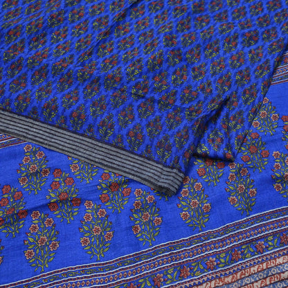 Indian Vintage Blue Sarees Pure Woolen Woven Printed  Sari Soft Warm Craft Fabric 5Yd Floral Woven Border Dress making Crafting Quilting