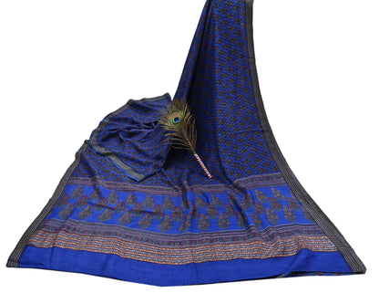 Indian Vintage Blue Sarees Pure Woolen Woven Printed  Sari Soft Warm Craft Fabric 5Yd Floral Woven Border Dress making Crafting Quilting