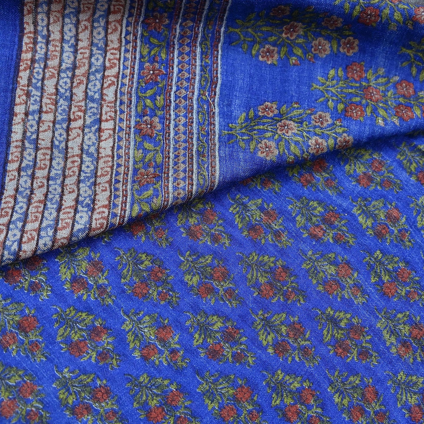 Indian Vintage Blue Sarees Pure Woolen Woven Printed  Sari Soft Warm Craft Fabric 5Yd Floral Woven Border Dress making Crafting Quilting