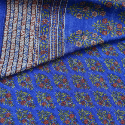 Indian Vintage Blue Sarees Pure Woolen Woven Printed  Sari Soft Warm Craft Fabric 5Yd Floral Woven Border Dress making Crafting Quilting