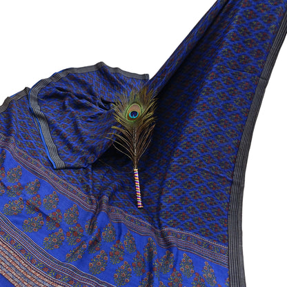 Indian Vintage Blue Sarees Pure Woolen Woven Printed  Sari Soft Warm Craft Fabric 5Yd Floral Woven Border Dress making Crafting Quilting