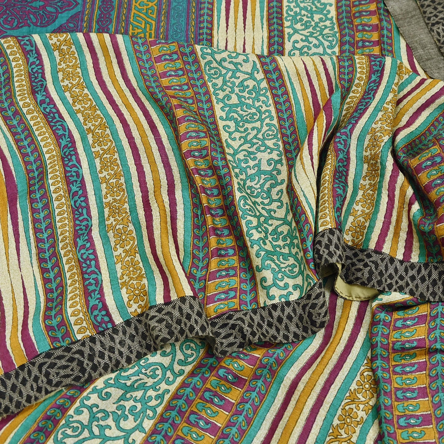 Indian Vintage Sari Beige & Green Pure Woolen Woven Printed Sarees Soft Warm Craft Fabric 5Yd Floral Dress making Crafting Quilting