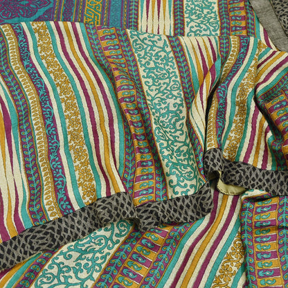 Indian Vintage Sari Beige & Green Pure Woolen Woven Printed Sarees Soft Warm Craft Fabric 5Yd Floral Dress making Crafting Quilting